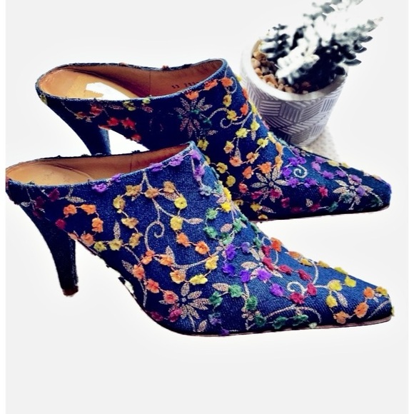 Martinez Valero Shoes - Vintage, Martinez Valero, Denim Floral Glitter Mule